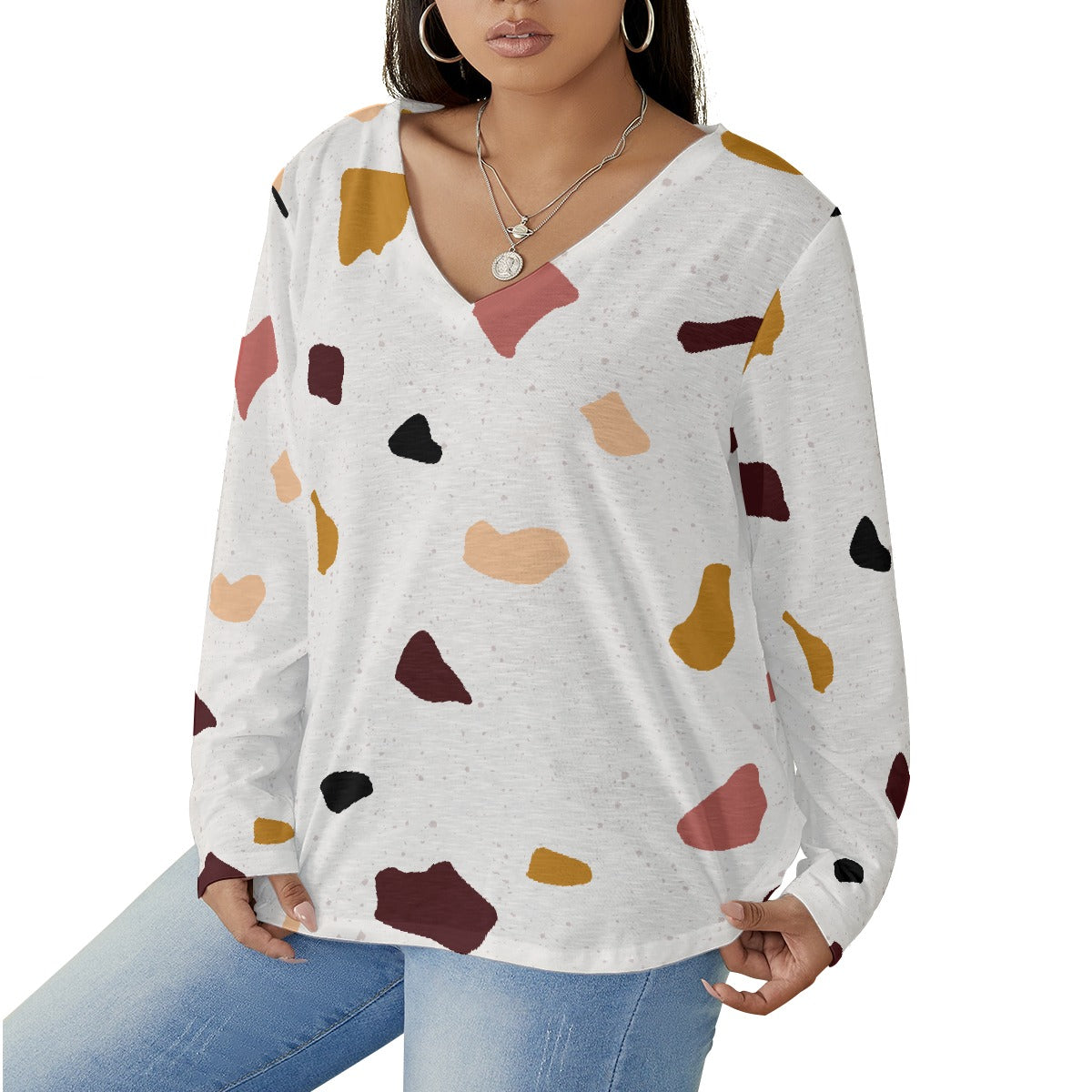 All-Over Print Women's V-neck T-shirt With Curved Hem(Plus Size)