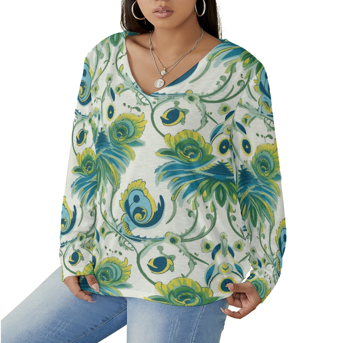 All-Over Print Women's V-neck T-shirt With Curved Hem(Plus Size)