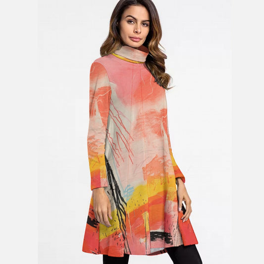 All-Over Print Women's High Neck Dress With Long Sleeve