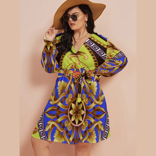 All-Over Print Women's V-neck Dress With Waistband(Plus Size)