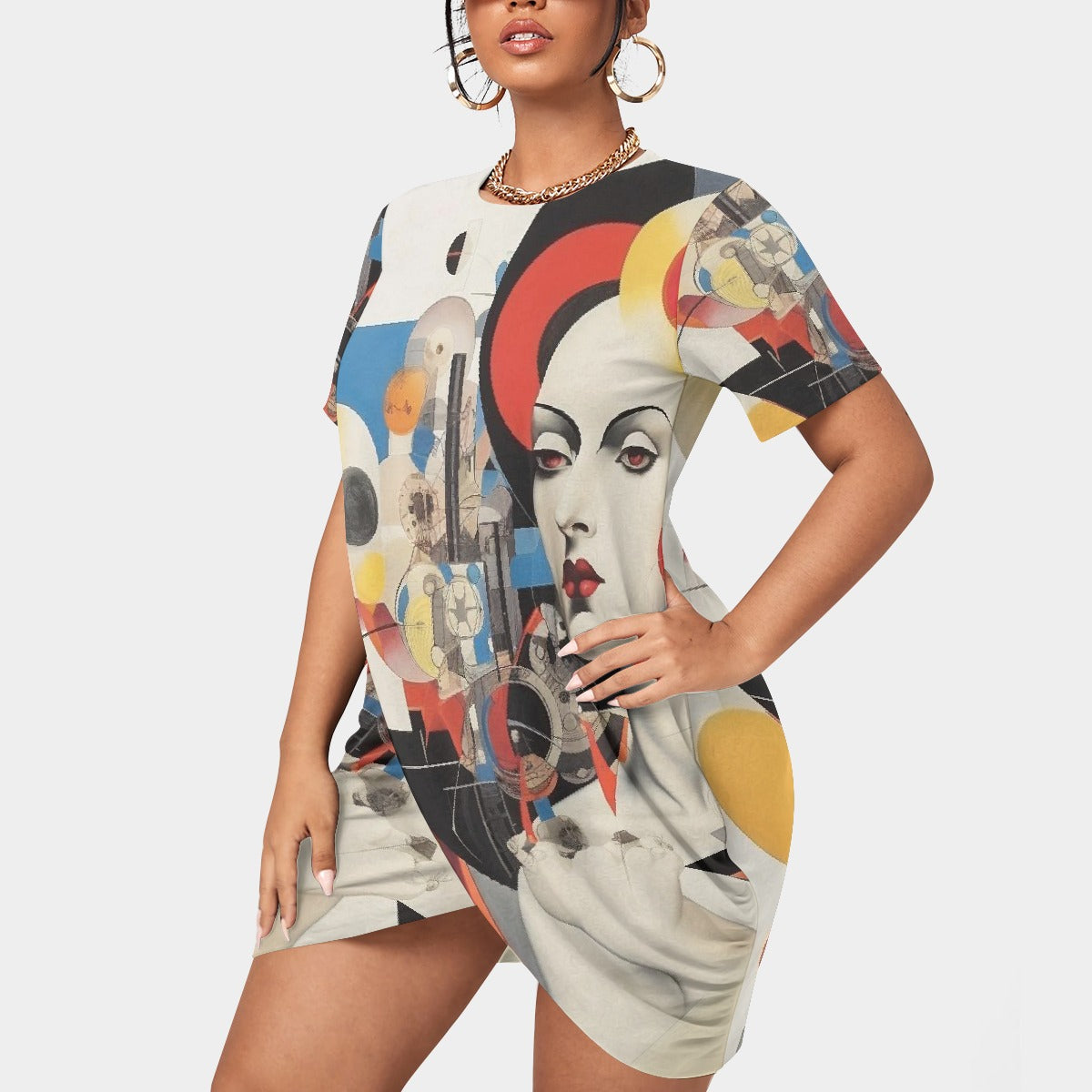 All-Over Print Women’s Stacked Hem Dress With Short Sleeve（Plus Size）