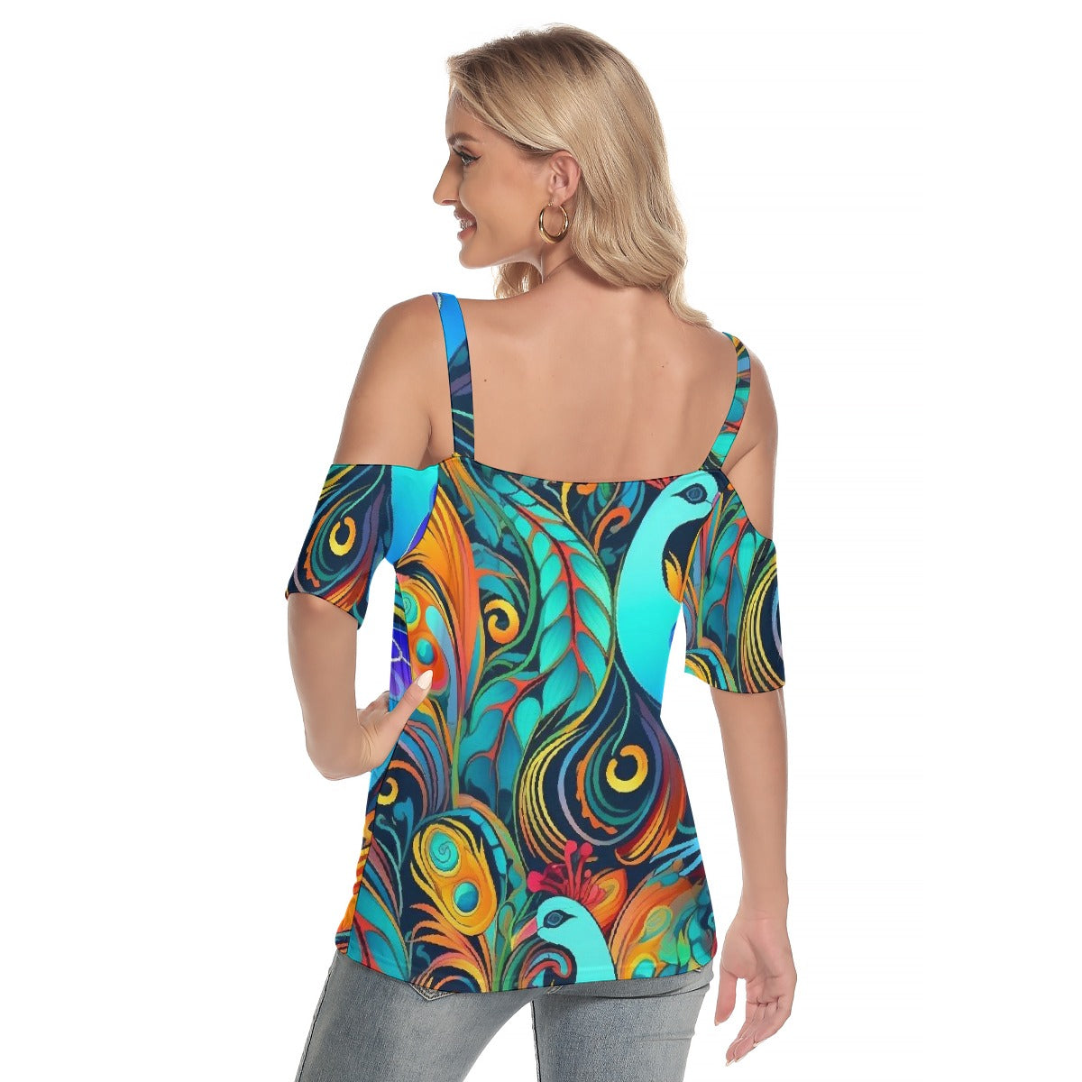 All-Over Print Women's Cold Shoulder T-shirt With Criss Cross Strips