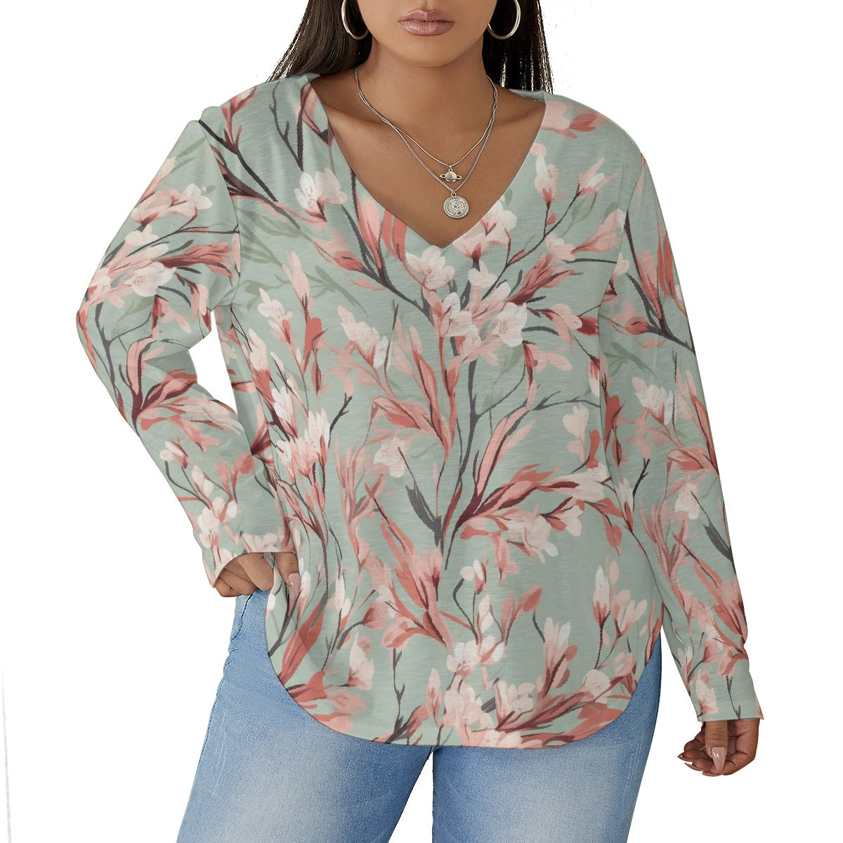 All-Over Print Women's V-neck T-shirt With Curved Hem(Plus Size)