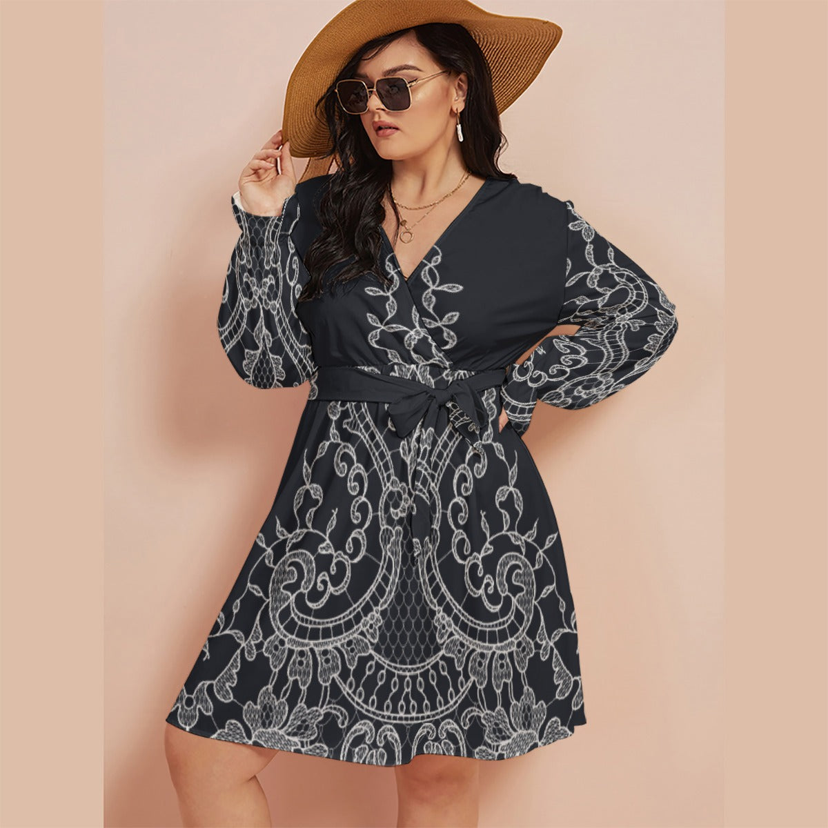 All-Over Print Women's V-neck Dress With Waistband(Plus Size)