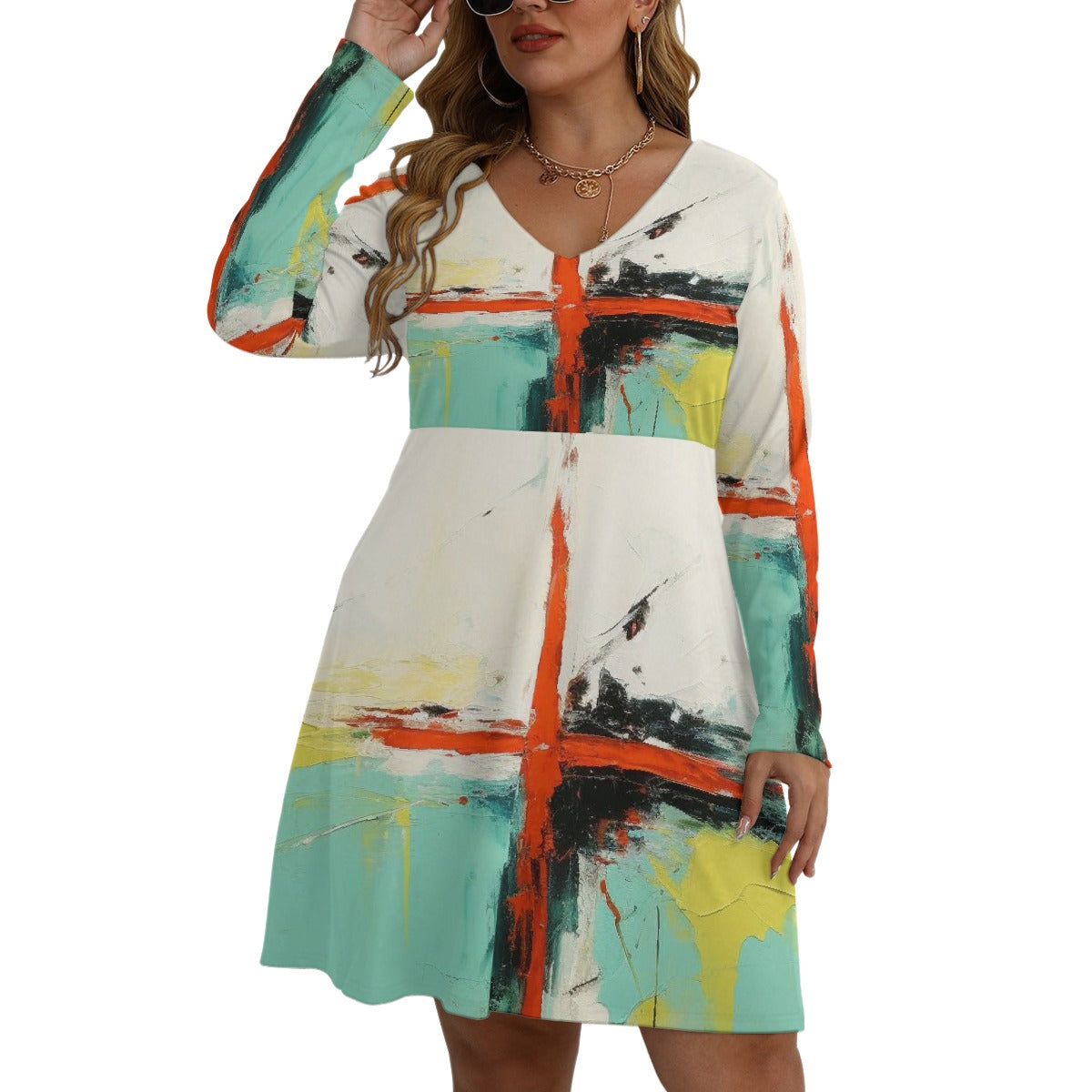 All-Over Print Women's V-neck Long Sleeve Dress(Plus Size)