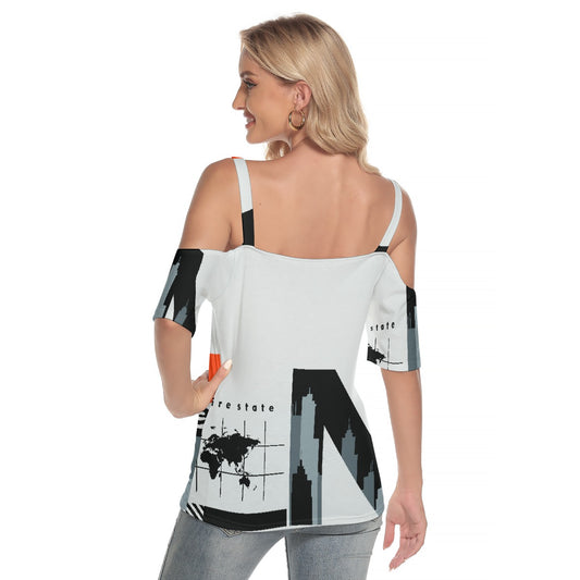 All-Over Print Women's Cold Shoulder T-shirt With Criss Cross Strips