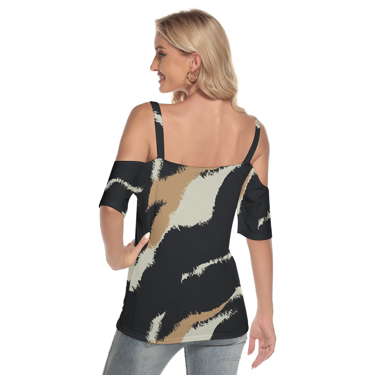 All-Over Print Women's Cold Shoulder T-shirt With Criss Cross Strips