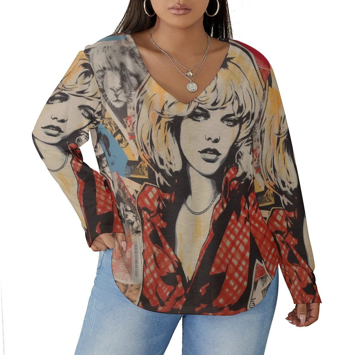 All-Over Print Women's V-neck T-shirt With Curved Hem(Plus Size)