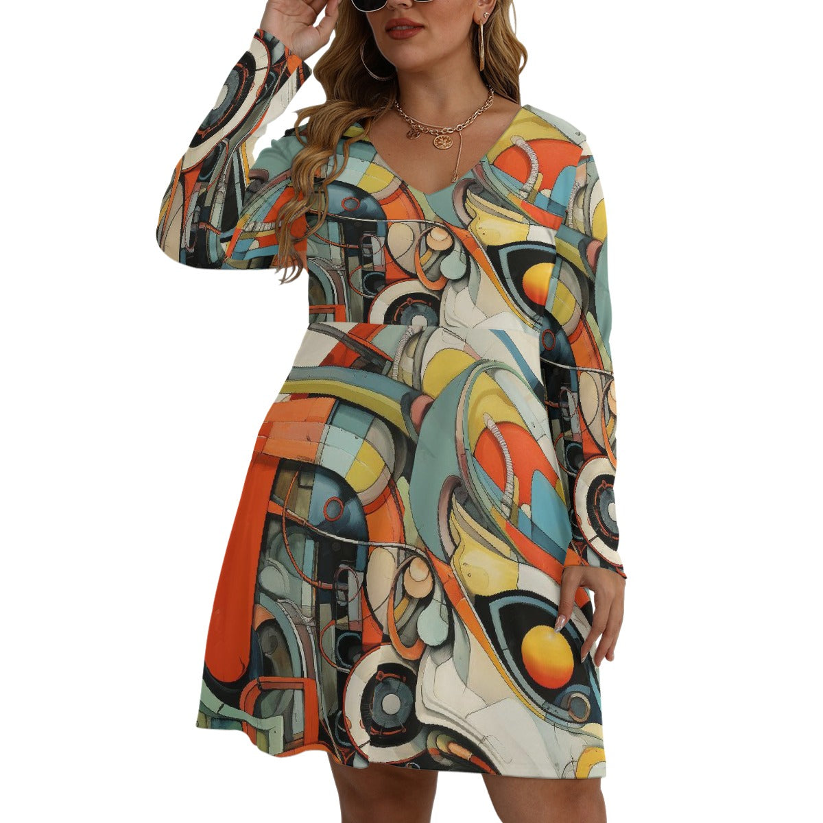 All-Over Print Women's V-neck Long Sleeve Dress(Plus Size)