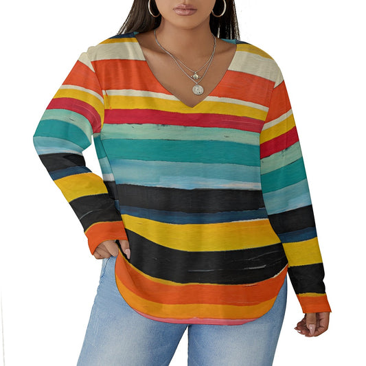 All-Over Print Women's V-neck T-shirt With Curved Hem(Plus Size)