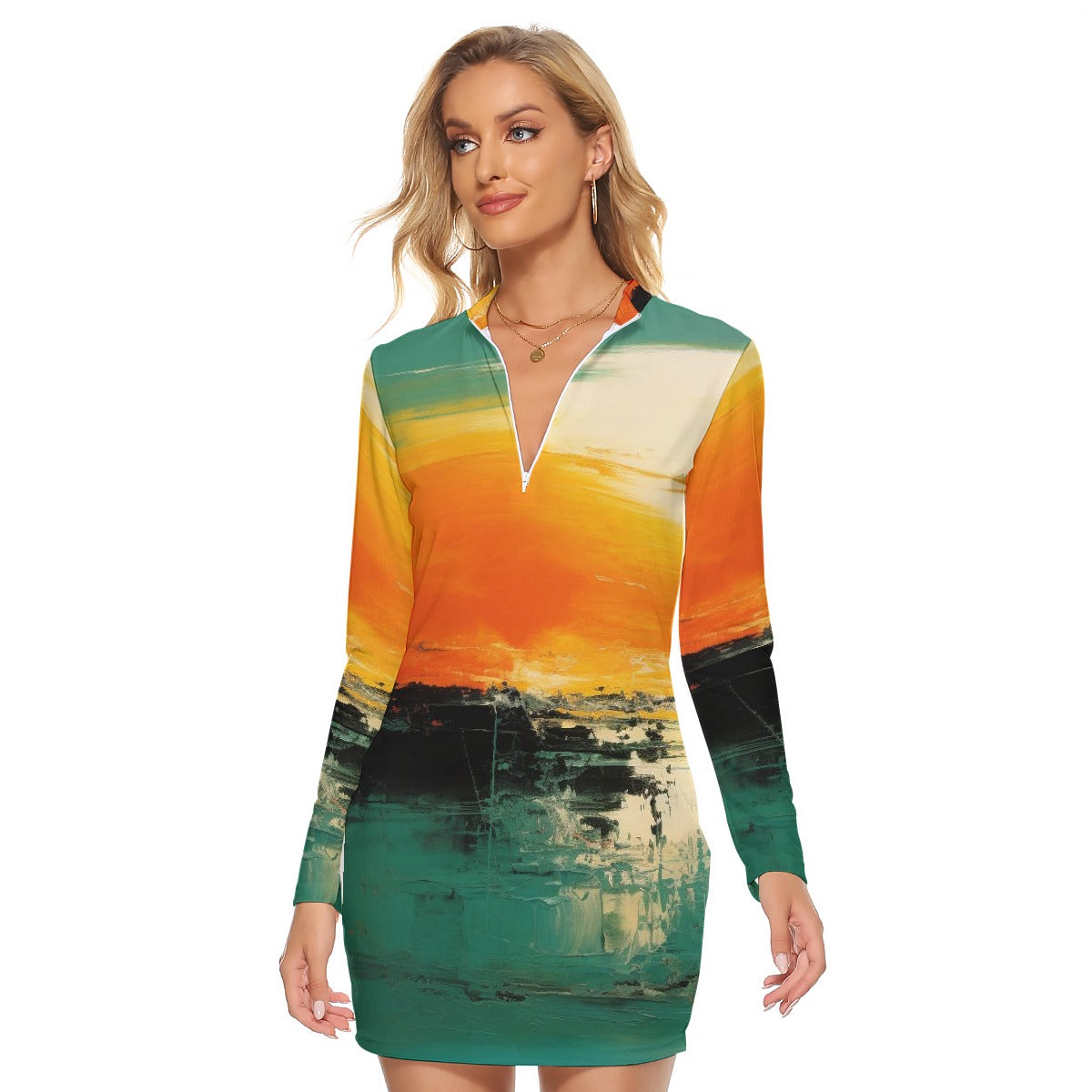 All-Over Print Women's Zip Front Tight Dress