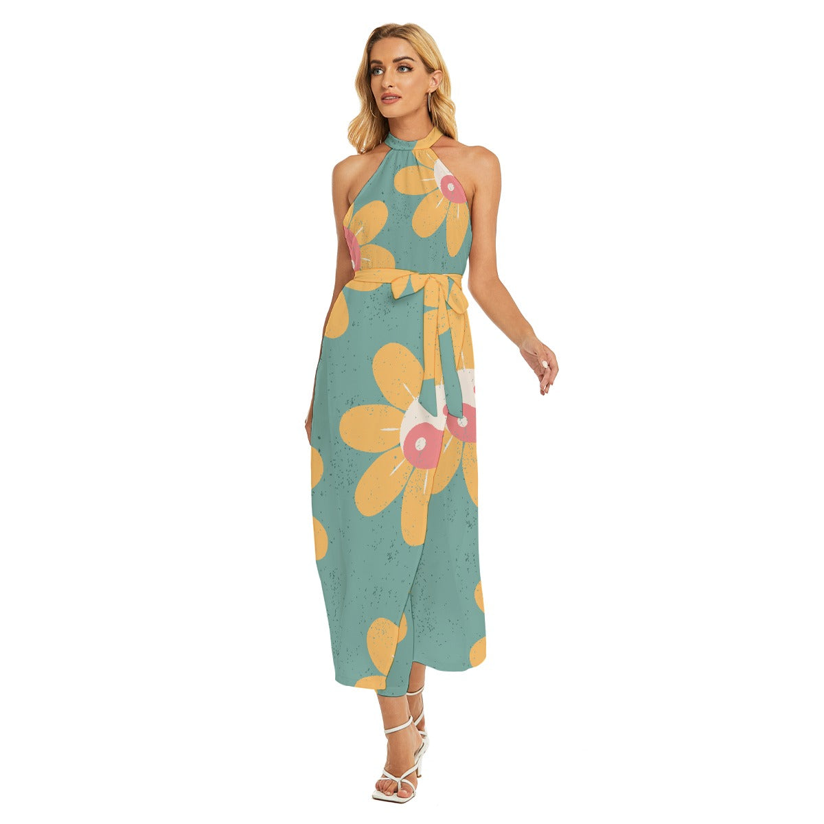 All-Over Print Women's Wrap Hem Belted Halter Dress