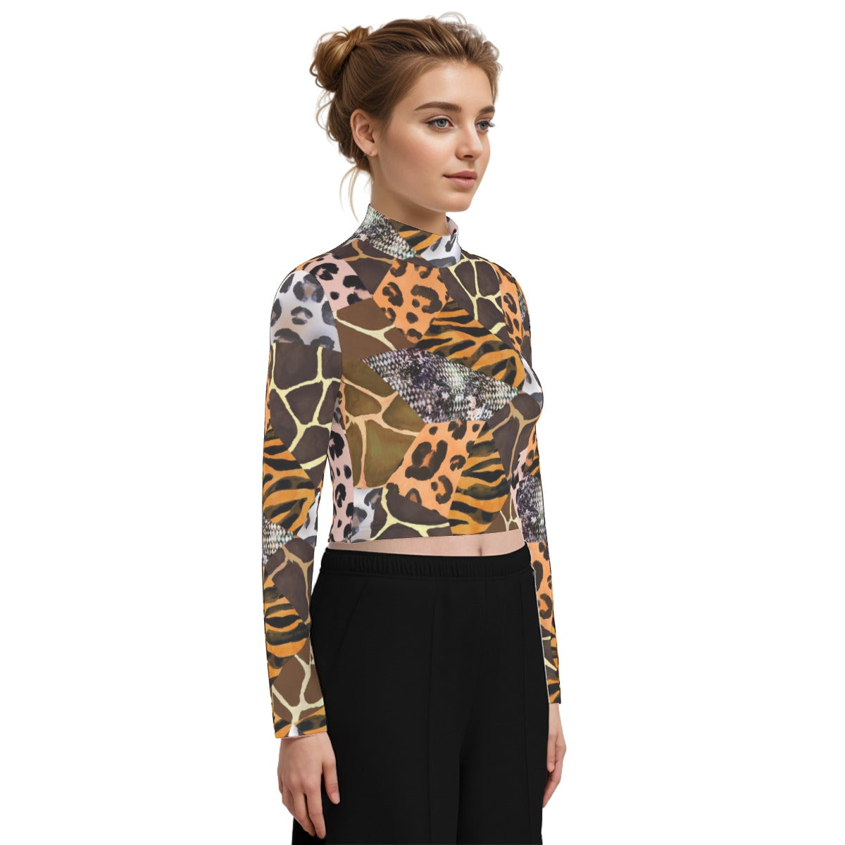 Eco-Friendly All-Over Print Women's Turtleneck T-shirt With Long Sleeve