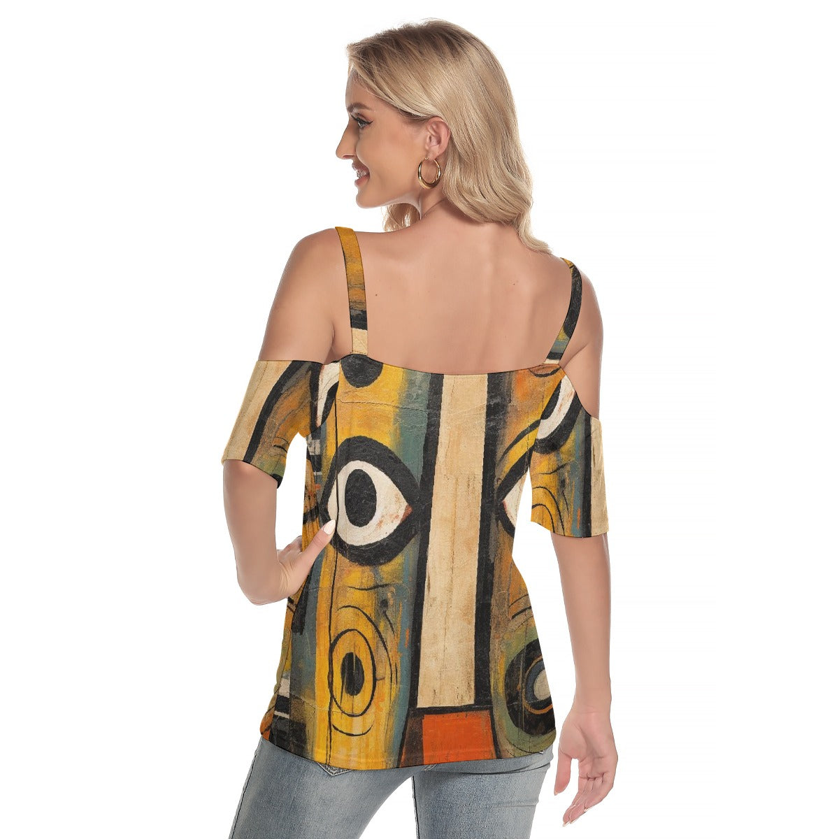 All-Over Print Women's Cold Shoulder T-shirt With Criss Cross Strips