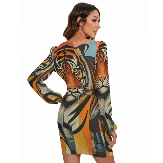 All-Over Print Women's Long Sleeve Dress With Waist Belt