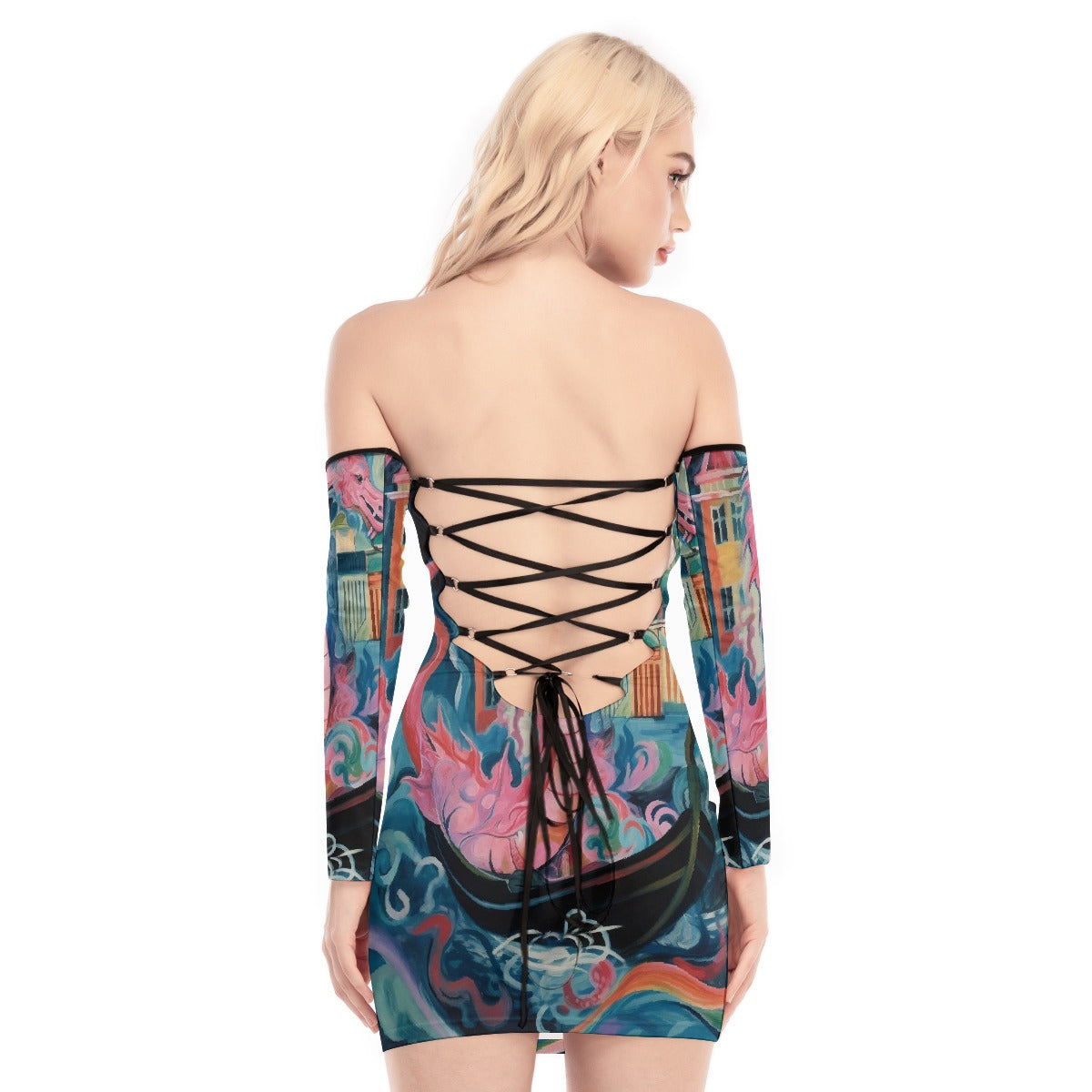 All-Over Print Women's Off-shoulder Back Lace-up Dress