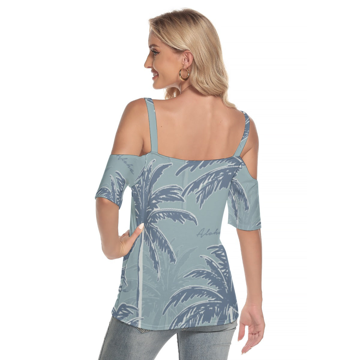 All-Over Print Women's Cold Shoulder T-shirt With Criss Cross Strips