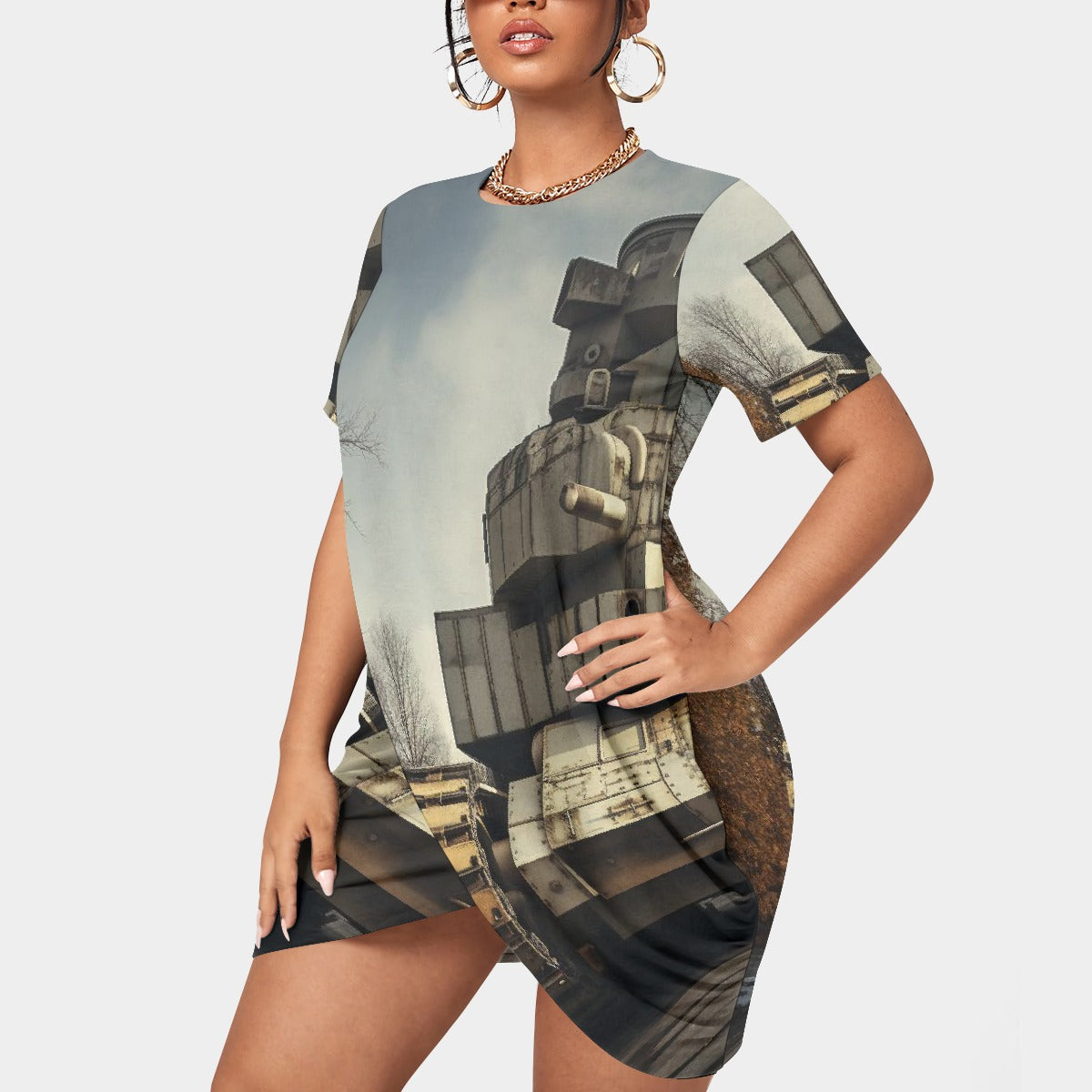 All-Over Print Women’s Stacked Hem Dress With Short Sleeve（Plus Size）