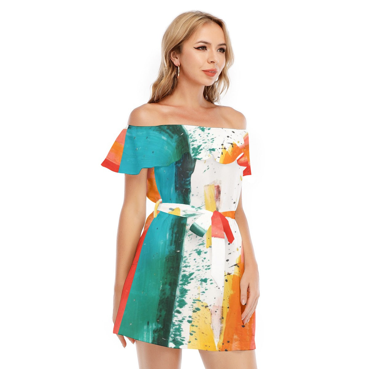 All-Over Print Women's Off-shoulder Dress With Ruffle