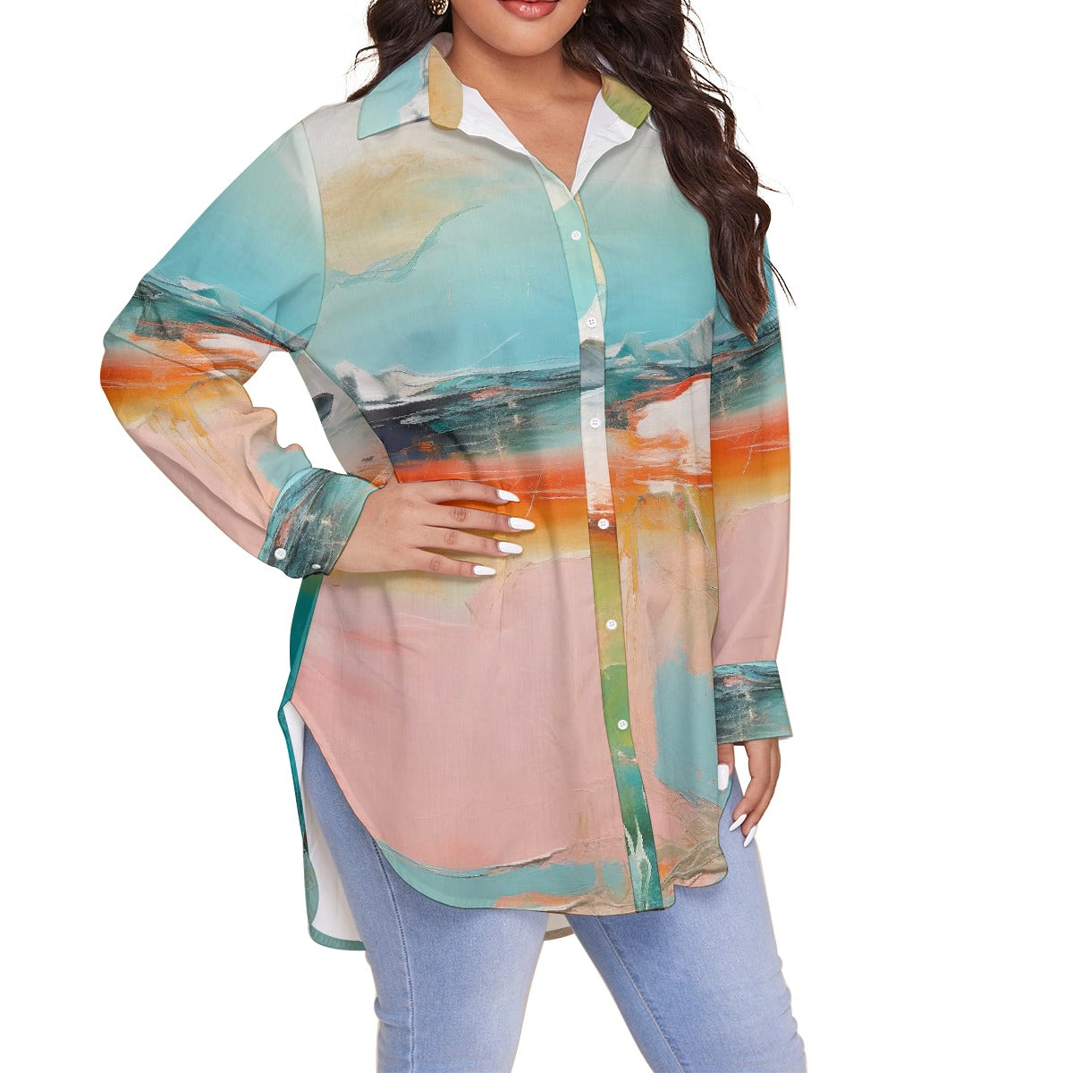 All-Over Print Women's Shirt With Long Sleeve(Plus Size)