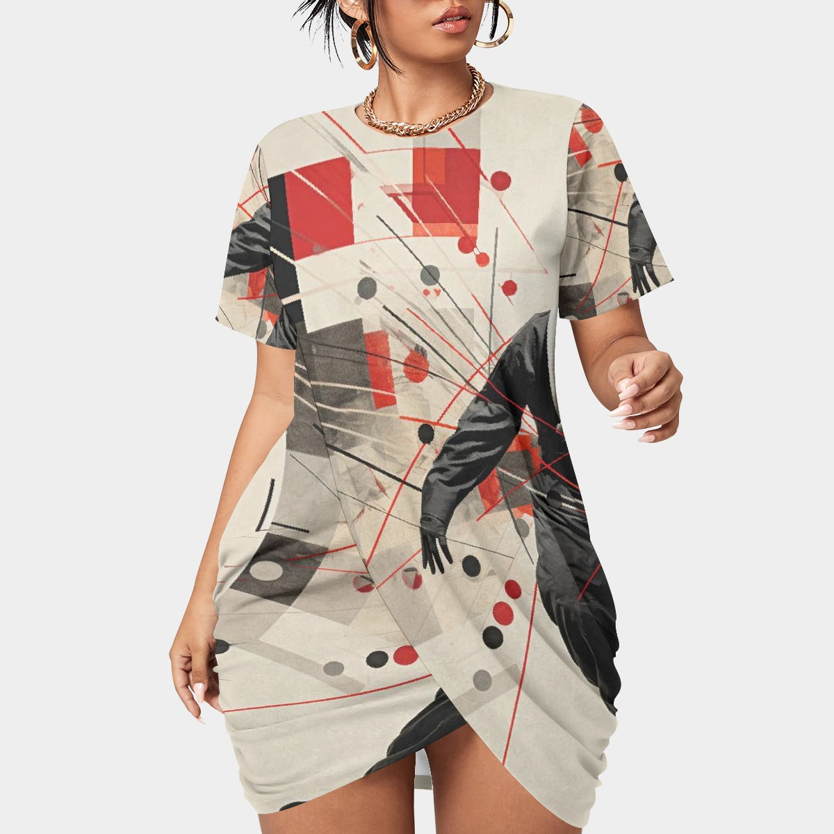 All-Over Print Women’s Stacked Hem Dress With Short Sleeve（Plus Size）