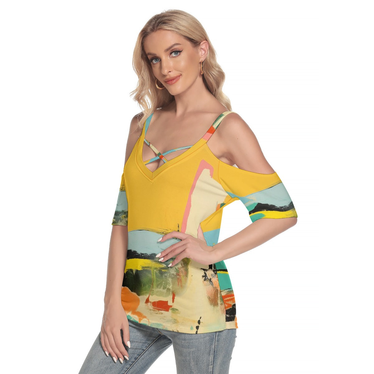 All-Over Print Women's Cold Shoulder T-shirt With Criss Cross Strips