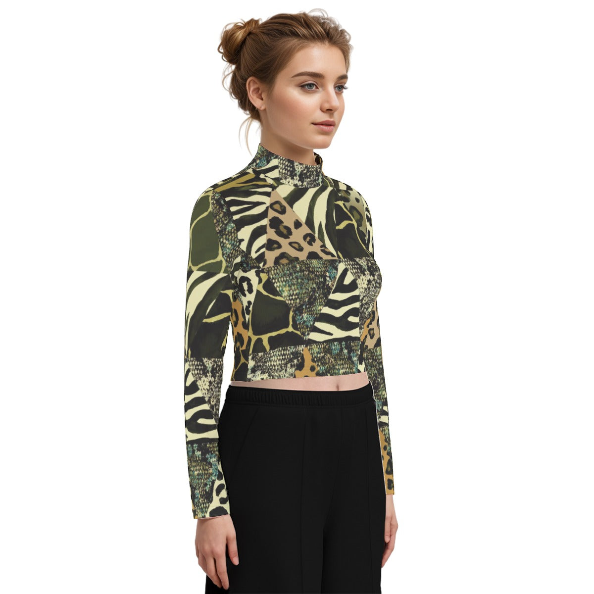 Eco-Friendly All-Over Print Women's Turtleneck T-shirt With Long Sleeve