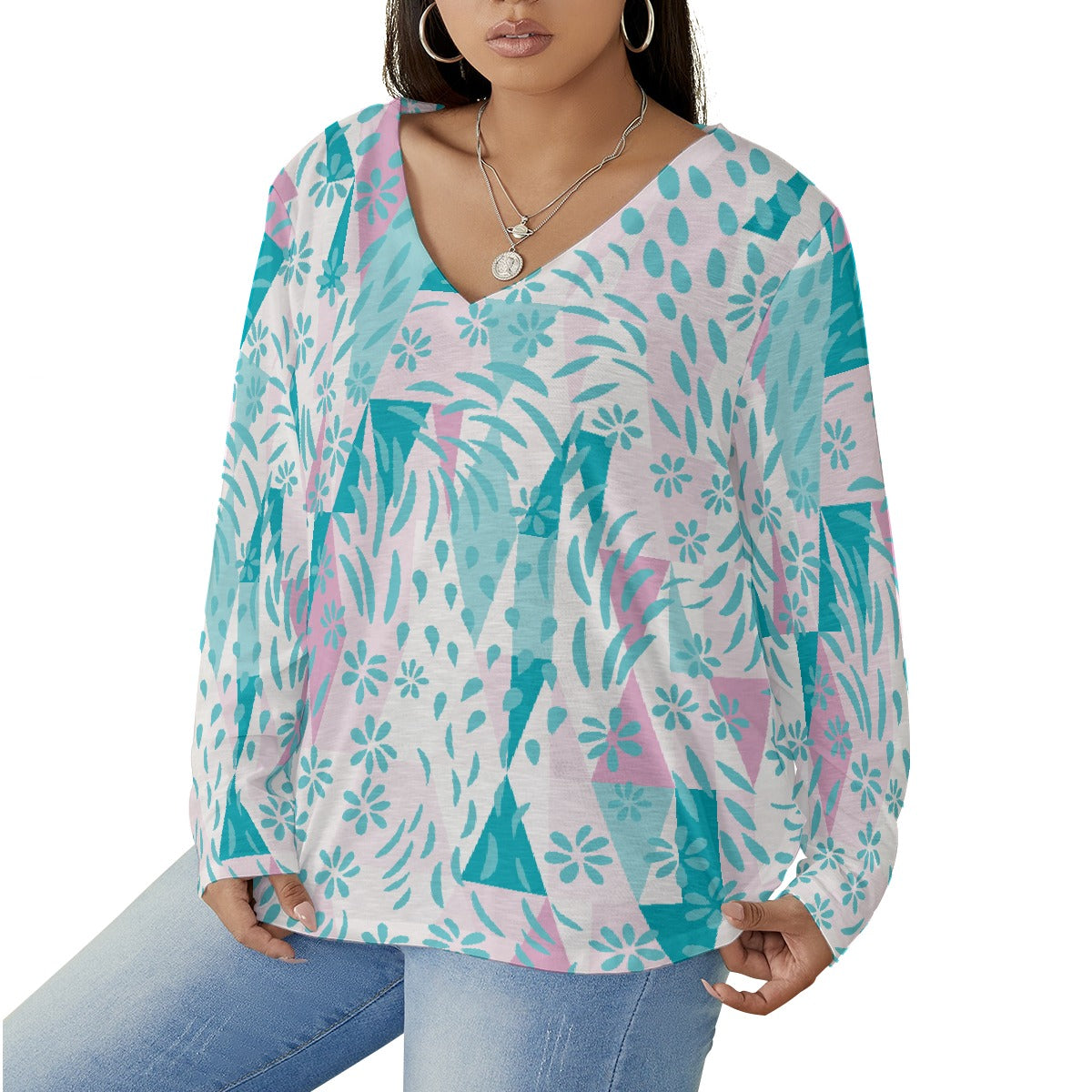 All-Over Print Women's V-neck T-shirt With Curved Hem(Plus Size)