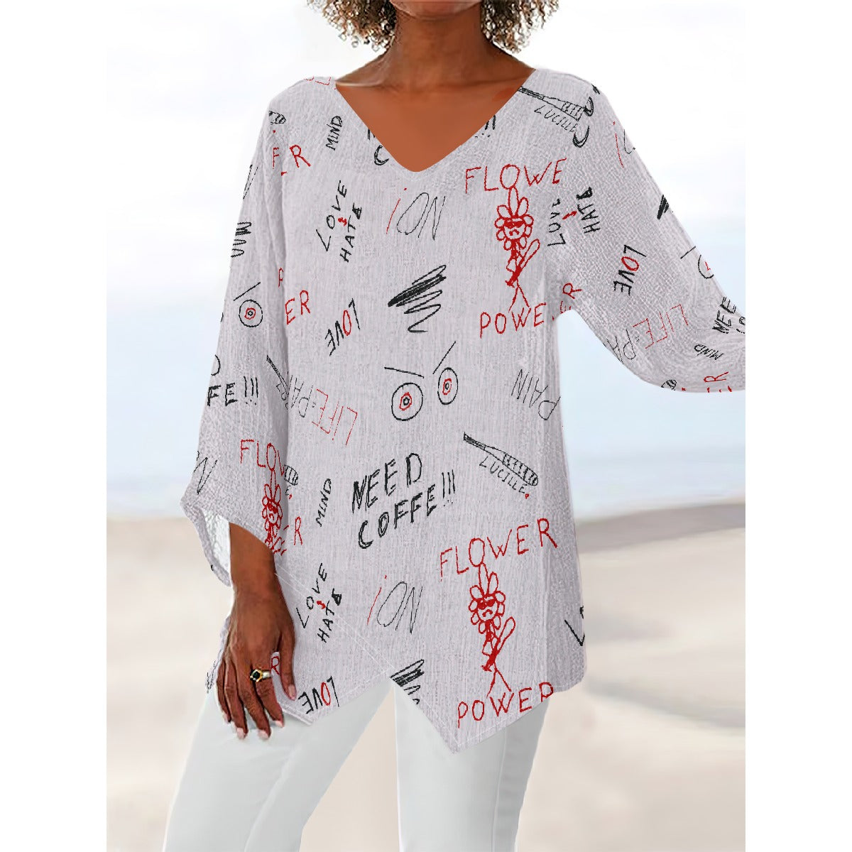 All-Over Print Women's V-neck T-shirt With Irregular Hem