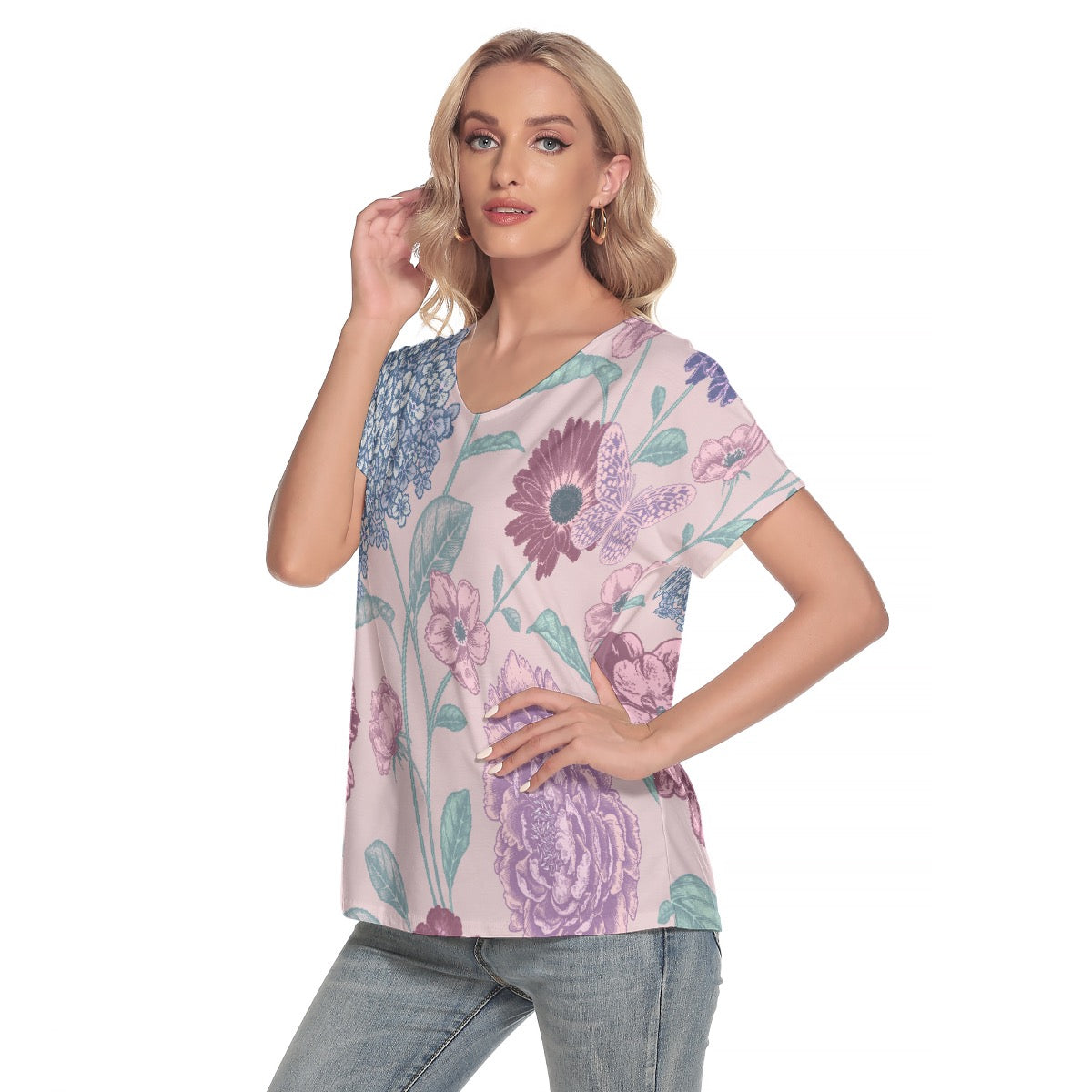 All-Over Print Women's Loose V-neck Short Sleeve T-shirt