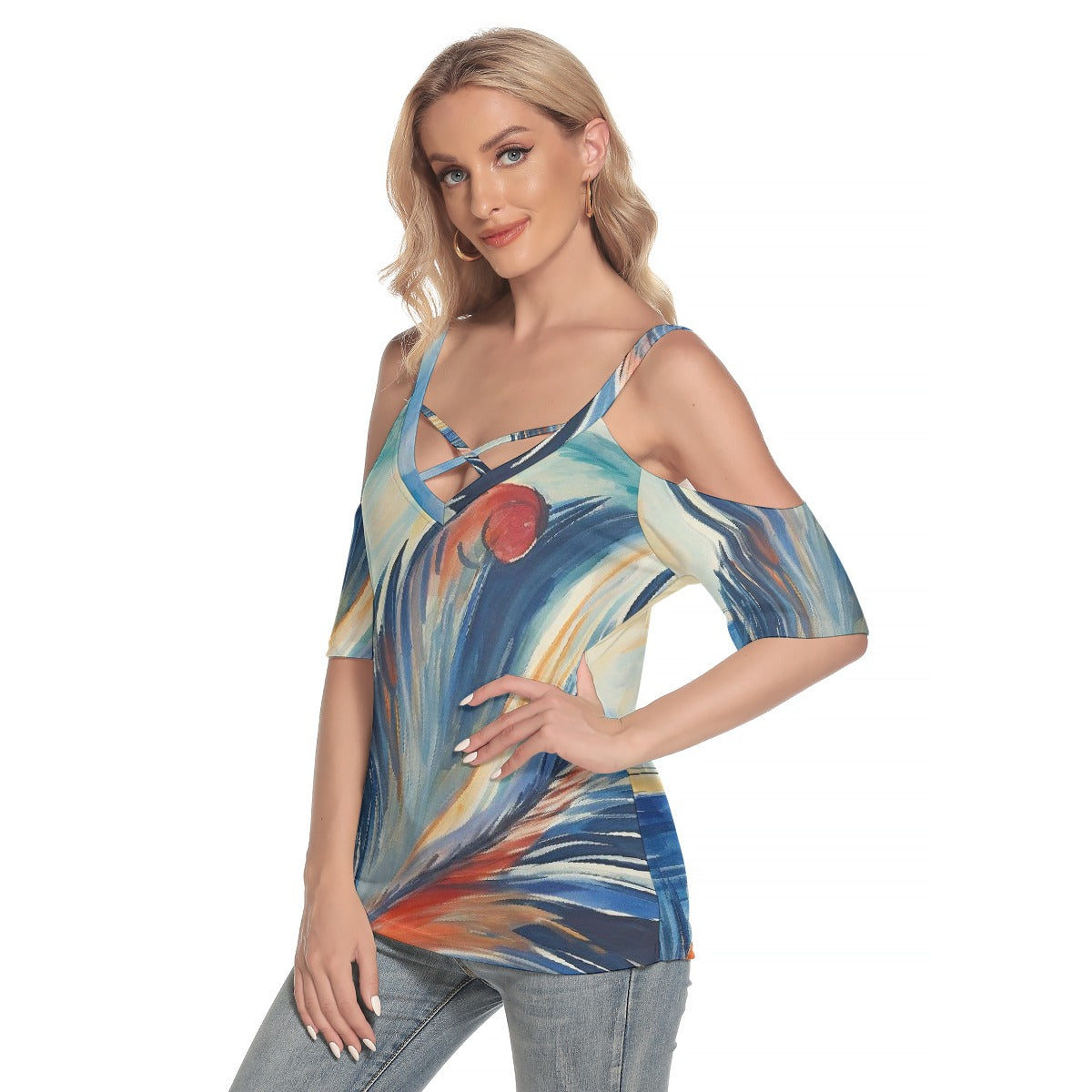 All-Over Print Women's Cold Shoulder T-shirt With Criss Cross Strips