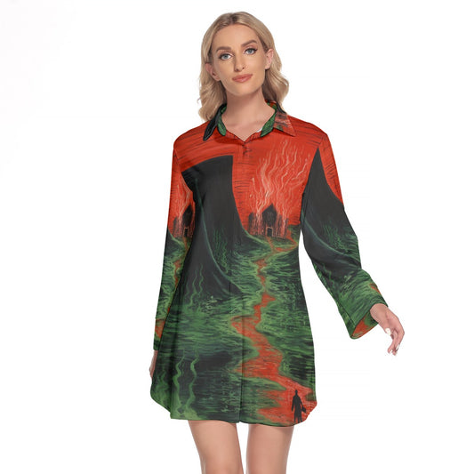 All-Over Print Women's Lapel Shirt Dress With Long Sleeve