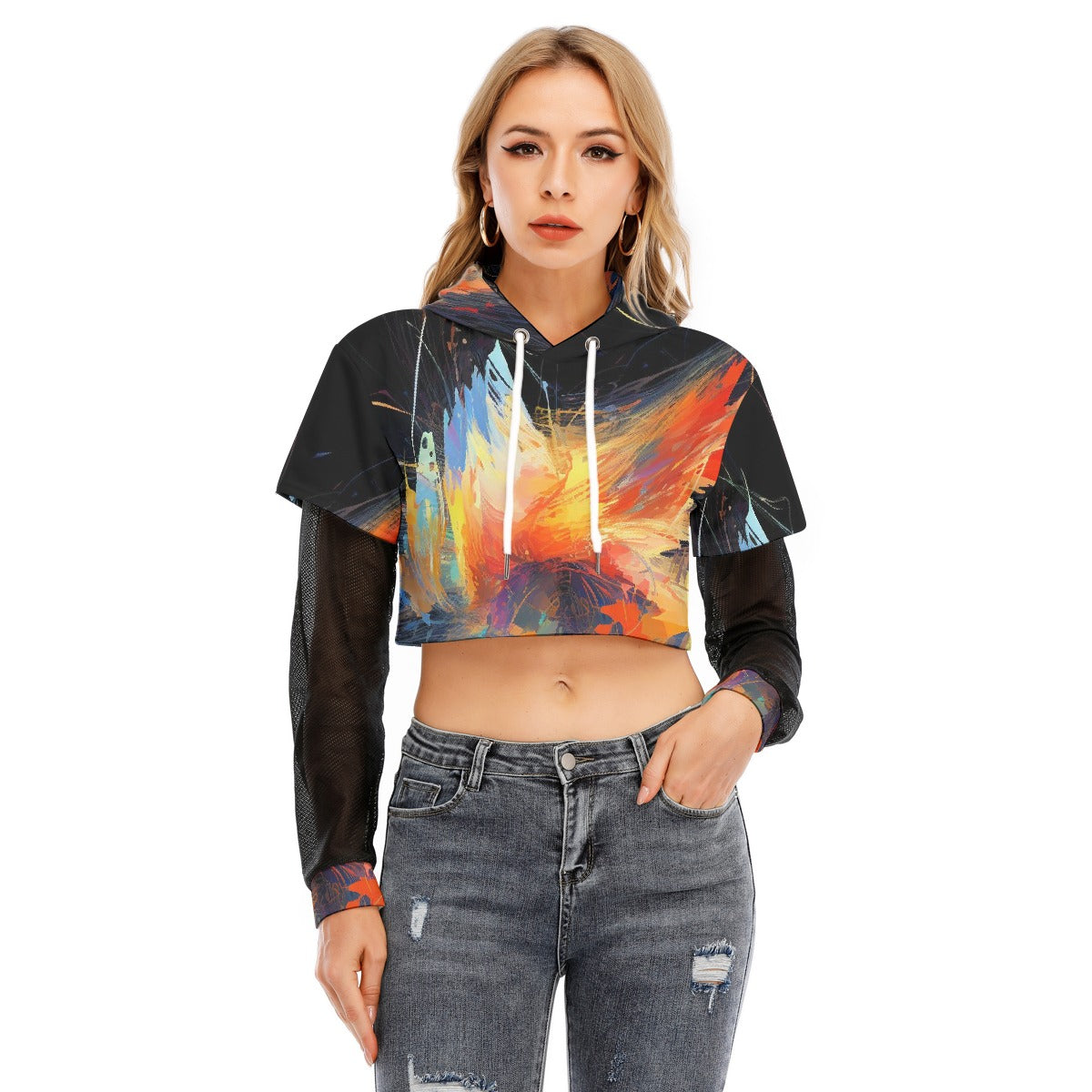 All-Over Print Women's Fake Two-piece Mesh Sleeve Cropped Hoodie