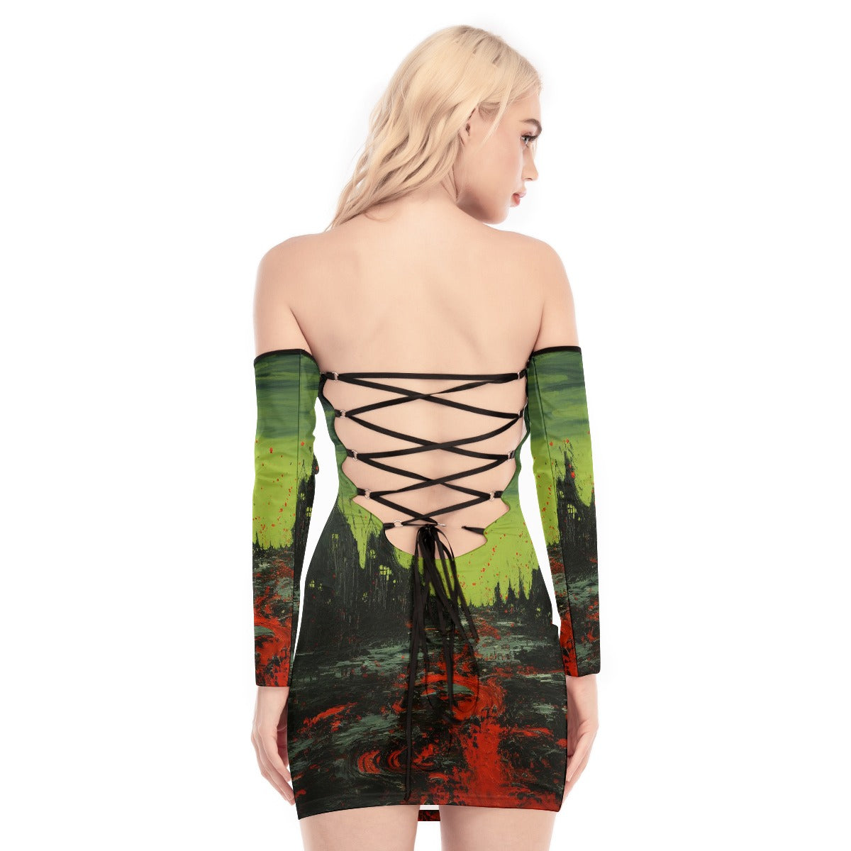 All-Over Print Women's Off-shoulder Back Lace-up Dress