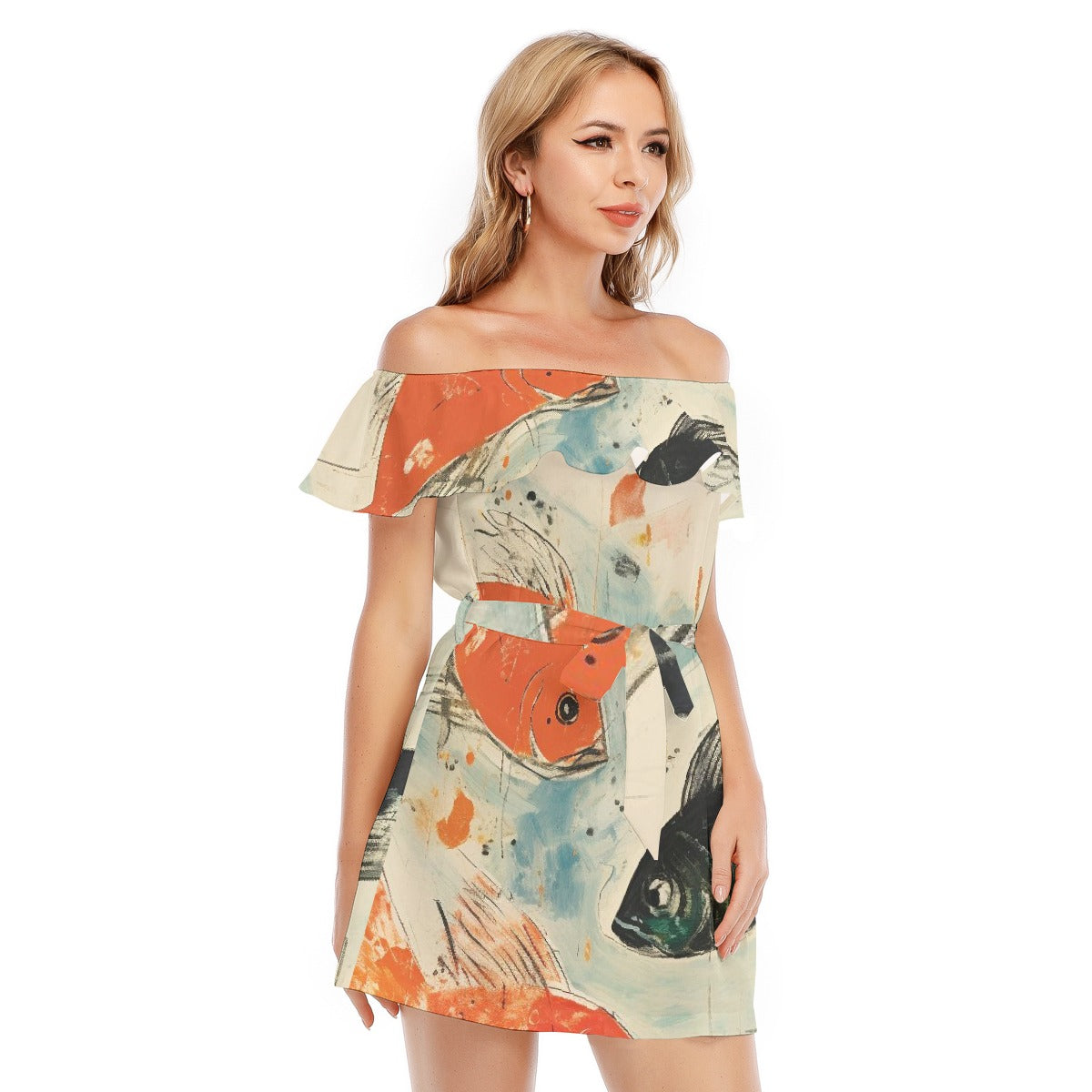 All-Over Print Women's Off-shoulder Dress With Ruffle