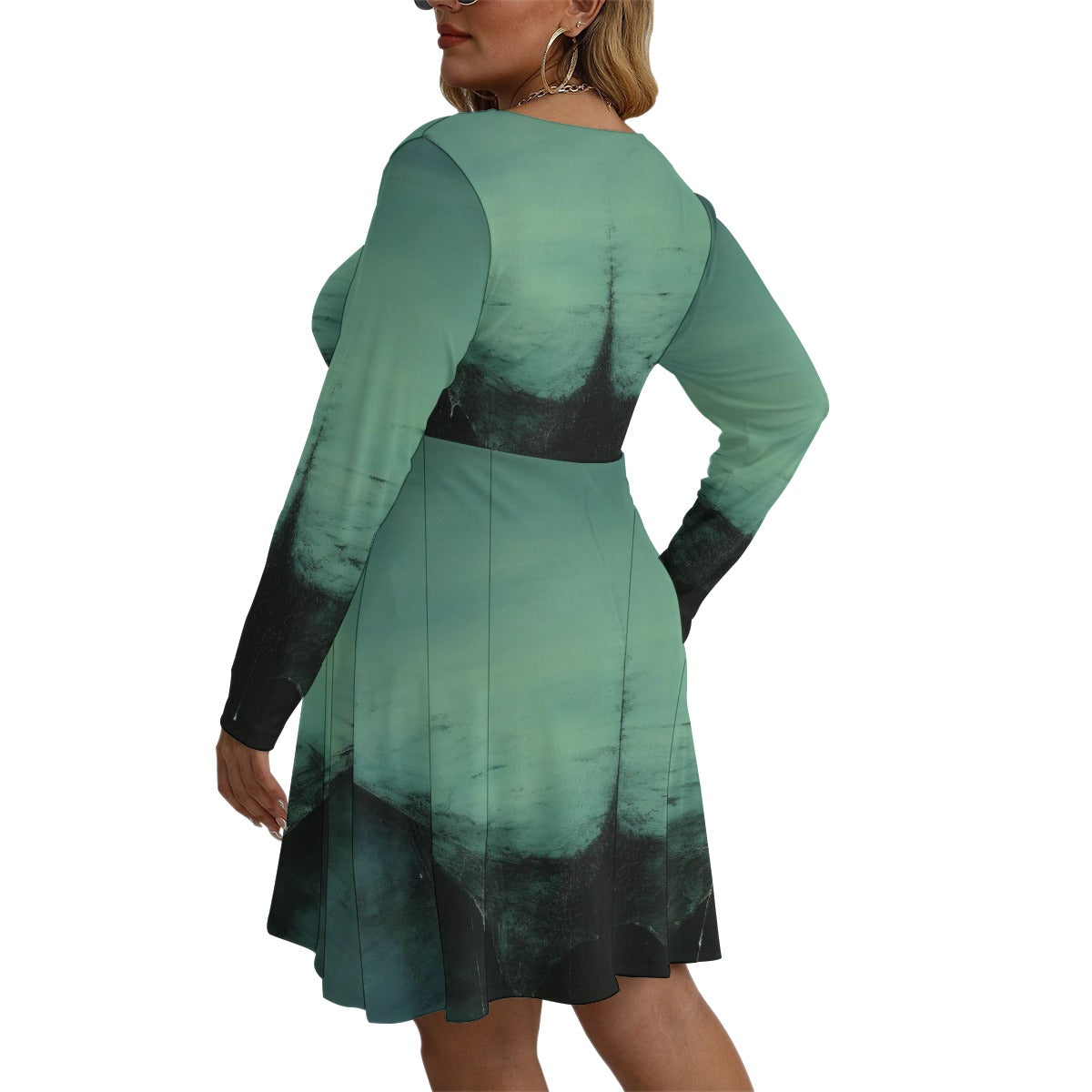 All-Over Print Women's V-neck Long Sleeve Dress(Plus Size)