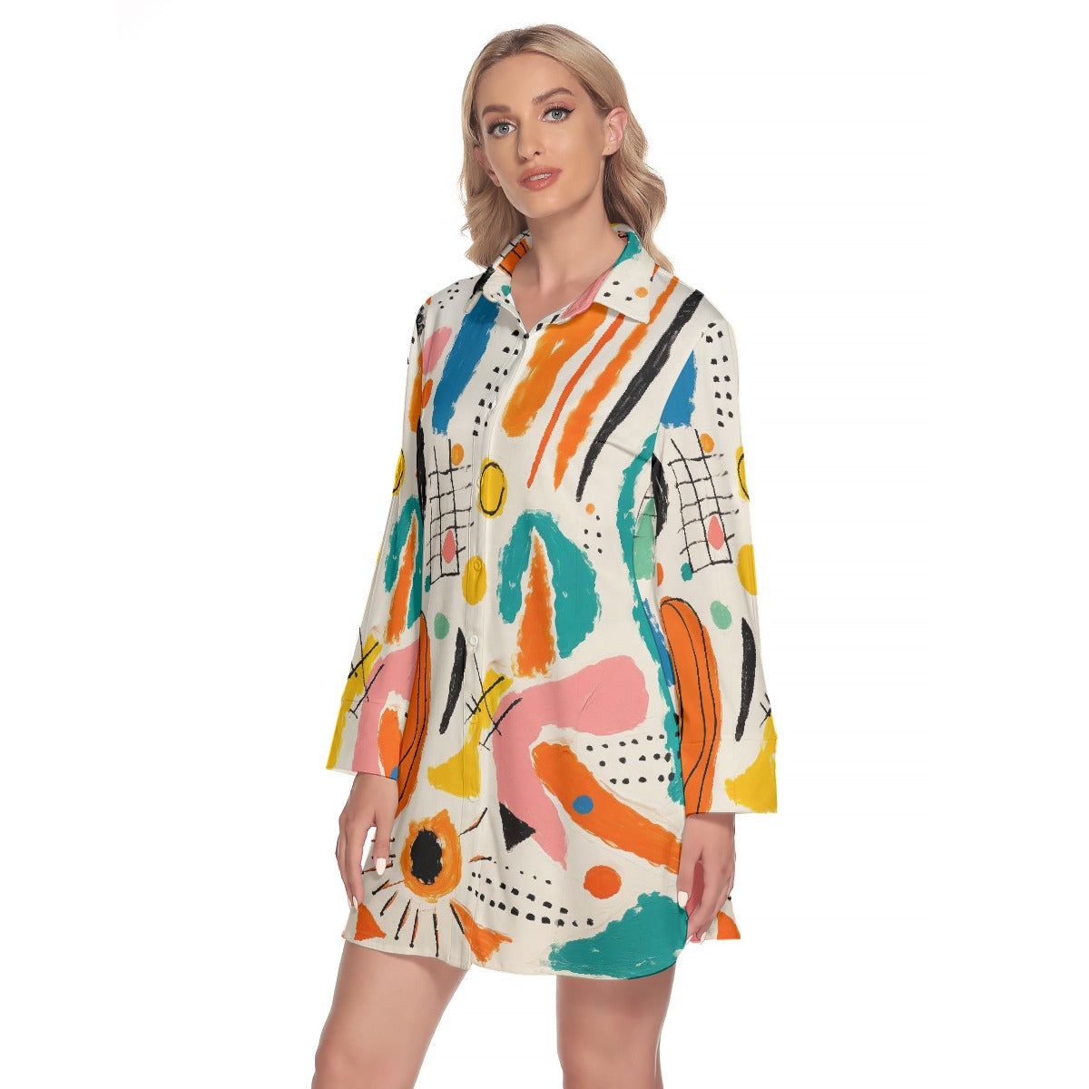 All-Over Print Women's Lapel Shirt Dress With Long Sleeve