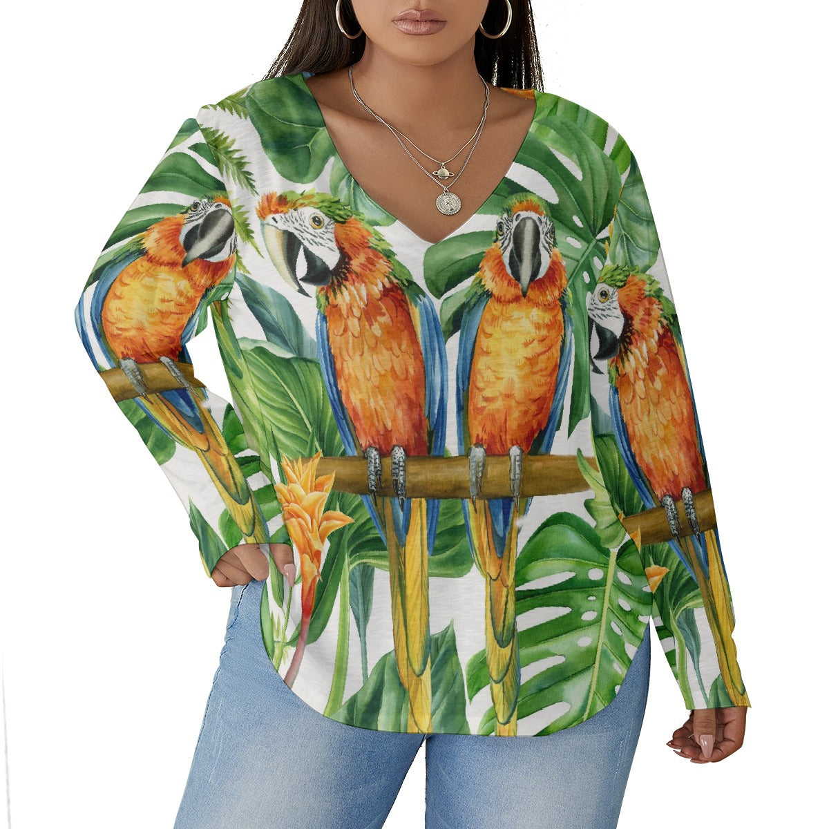 All-Over Print Women's V-neck T-shirt With Curved Hem(Plus Size)