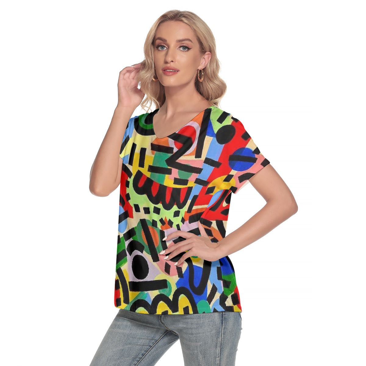 All-Over Print Women's Loose V-neck Short Sleeve T-shirt