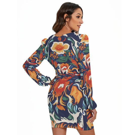 All-Over Print Women's Long Sleeve Dress With Waist Belt