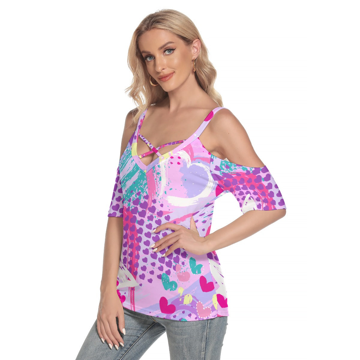 All-Over Print Women's Cold Shoulder T-shirt With Criss Cross Strips