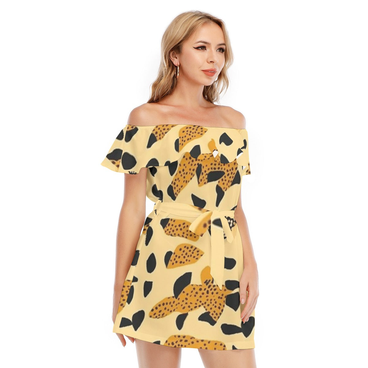 All-Over Print Women's Off-shoulder Dress With Ruffle