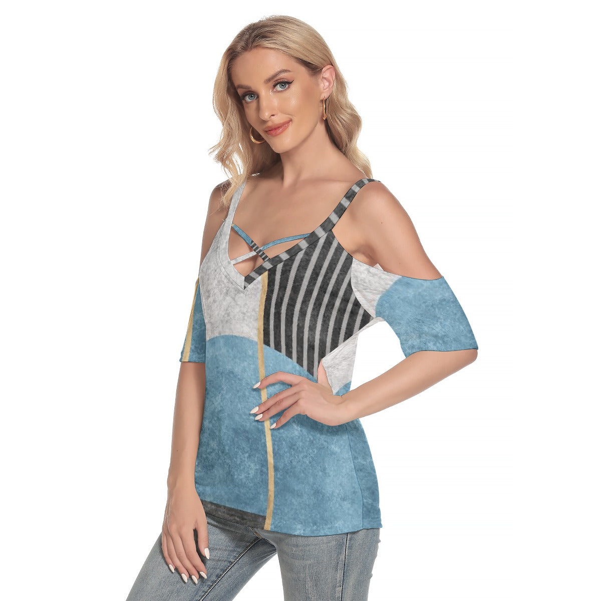 All-Over Print Women's Cold Shoulder T-shirt With Criss Cross Strips