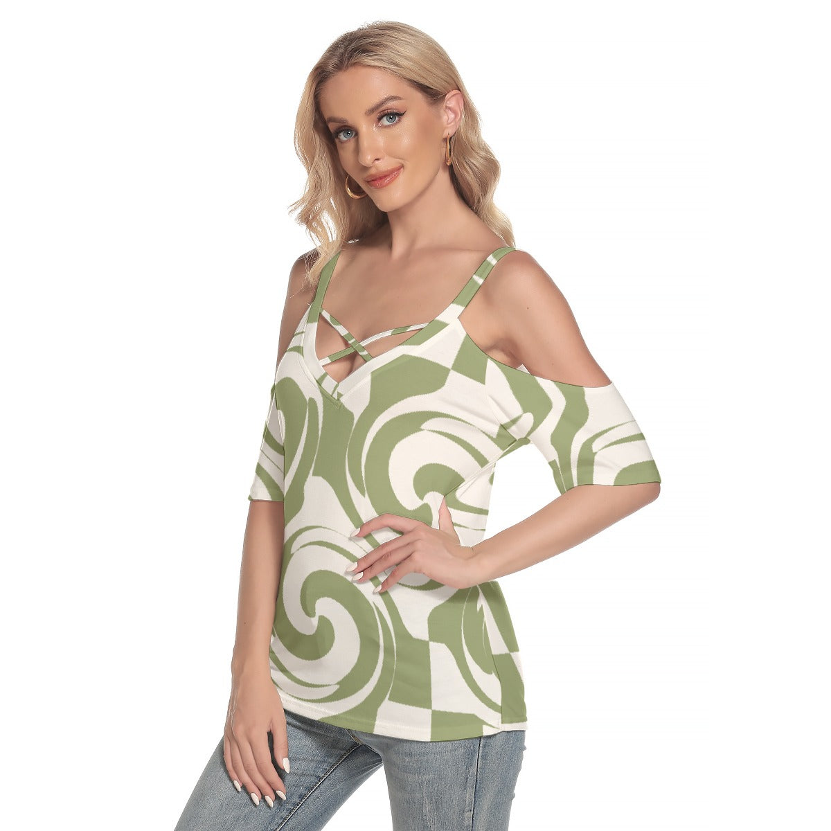 All-Over Print Women's Cold Shoulder T-shirt With Criss Cross Strips