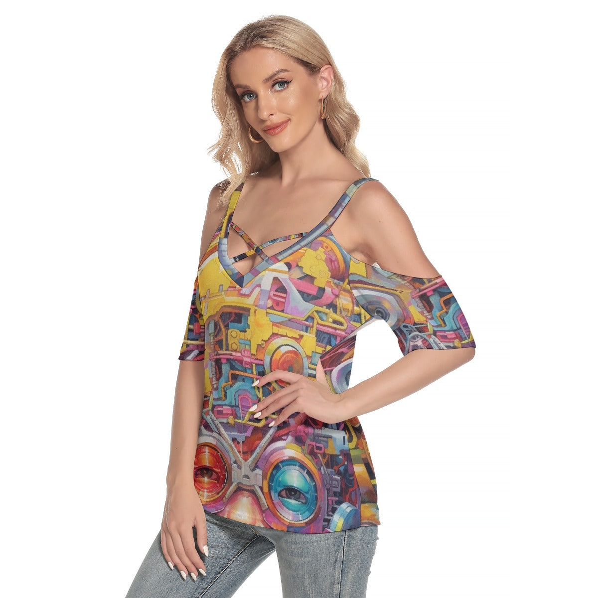 All-Over Print Women's Cold Shoulder T-shirt With Criss Cross Strips