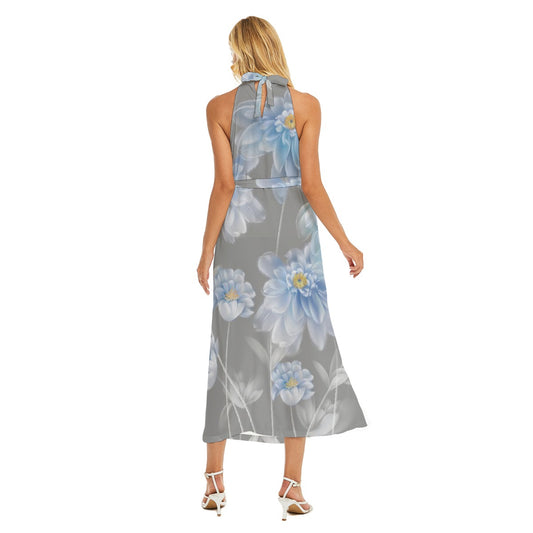 All-Over Print Women's Wrap Hem Belted Halter Dress