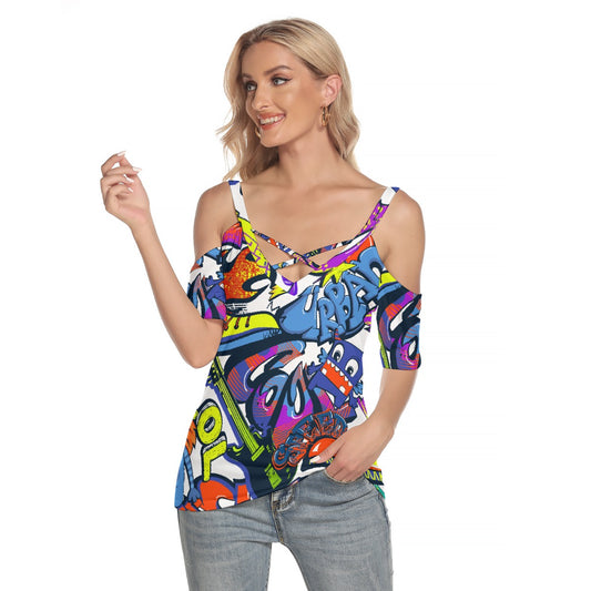 All-Over Print Women's Cold Shoulder T-shirt With Criss Cross Strips