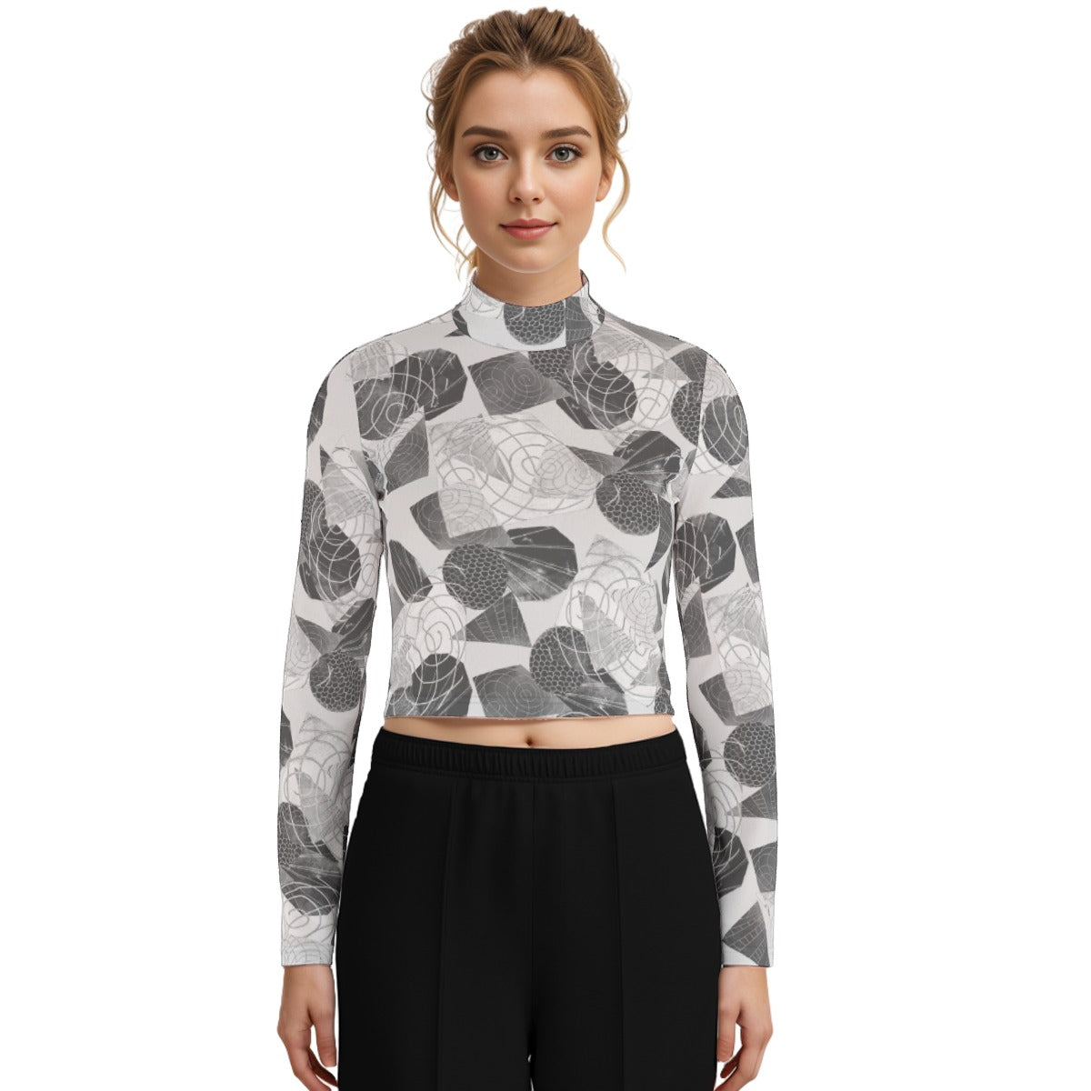 Eco-Friendly All-Over Print Women's Turtleneck T-shirt With Long Sleeve