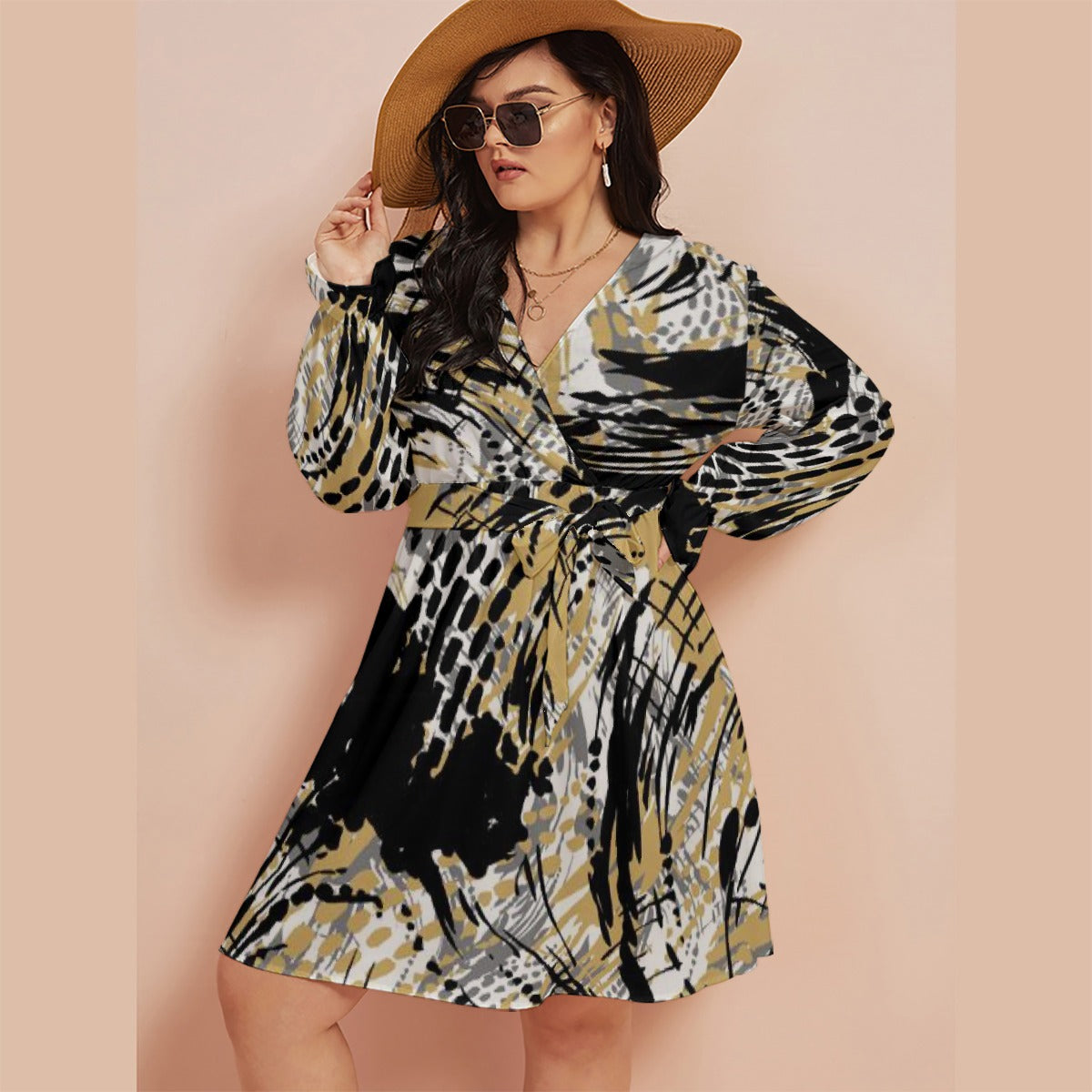 All-Over Print Women's V-neck Dress With Waistband(Plus Size)