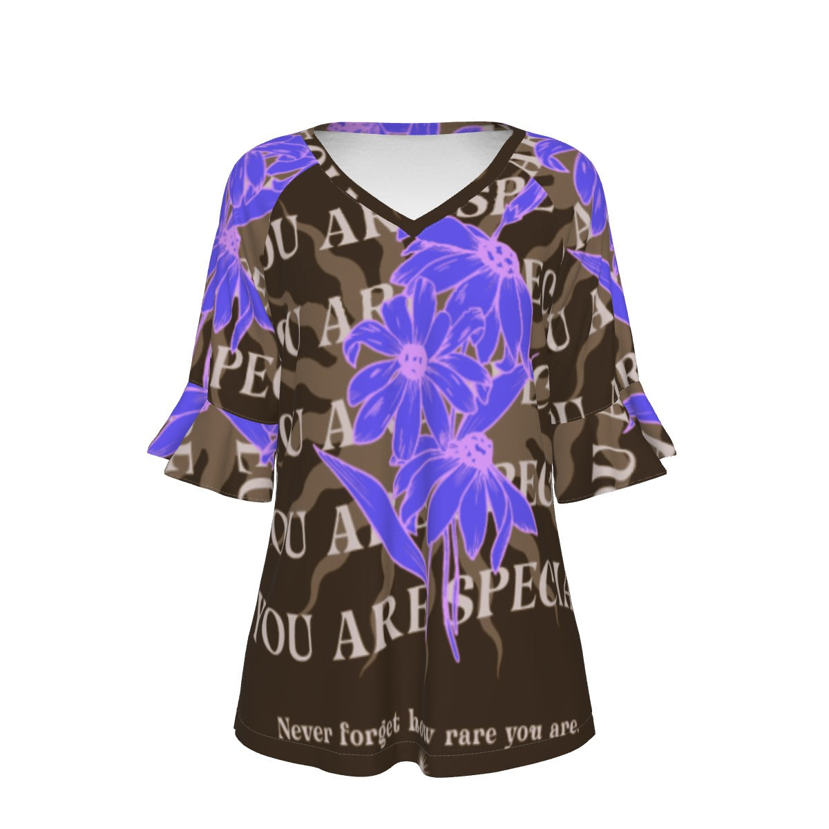 All-Over Print V-neck Women's T-shirt With Bell Sleeve